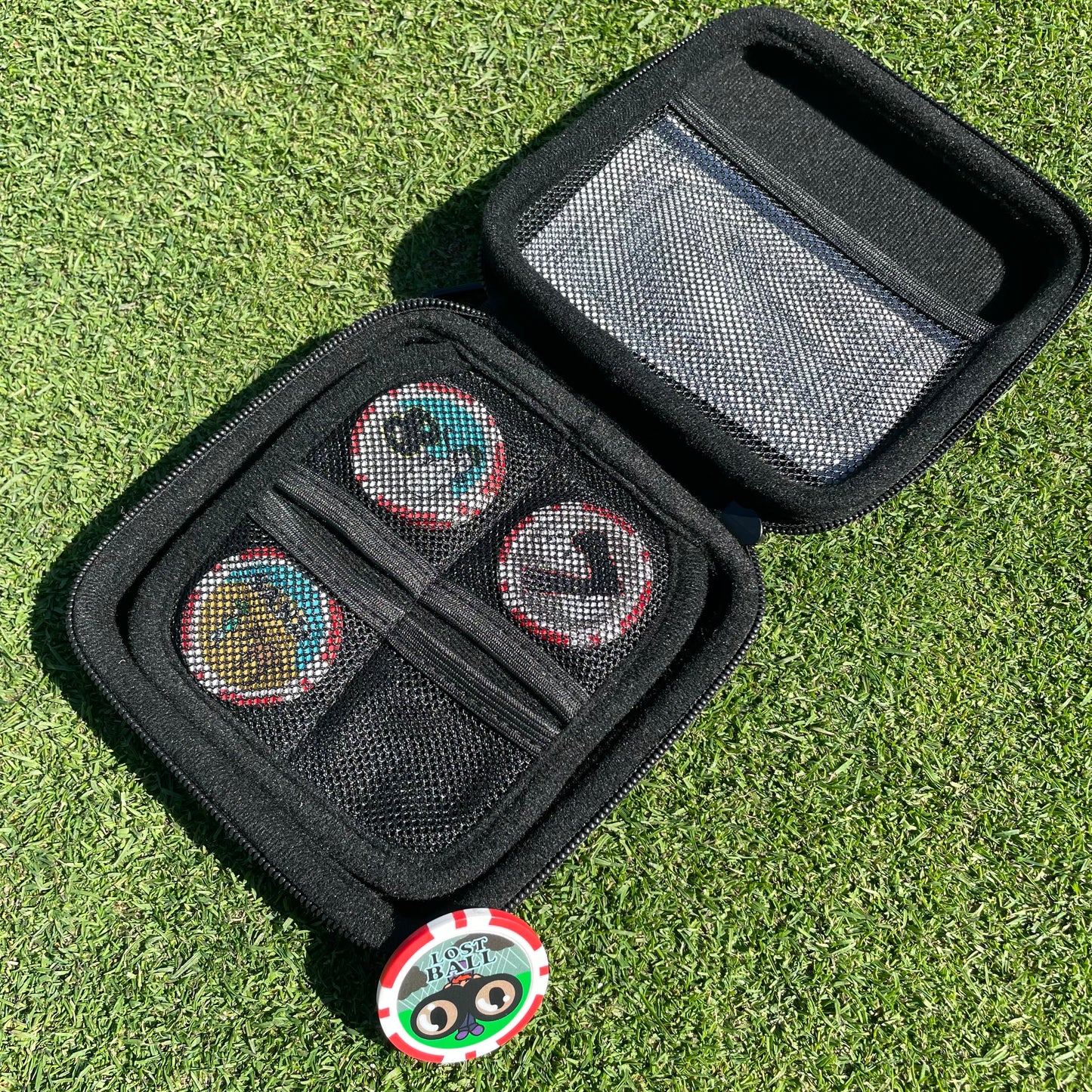 Black carrying case with three colourful Chip n Win chips on a grass background