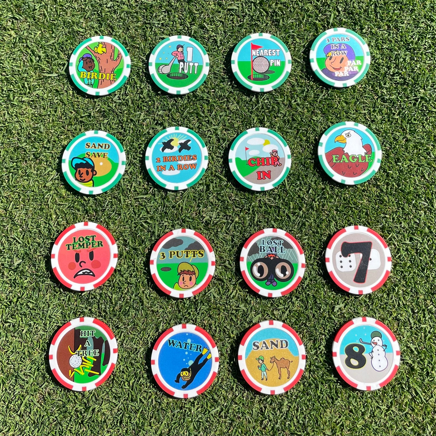 Set of 16 colourful Chip n Win chips with various designs on a grass background