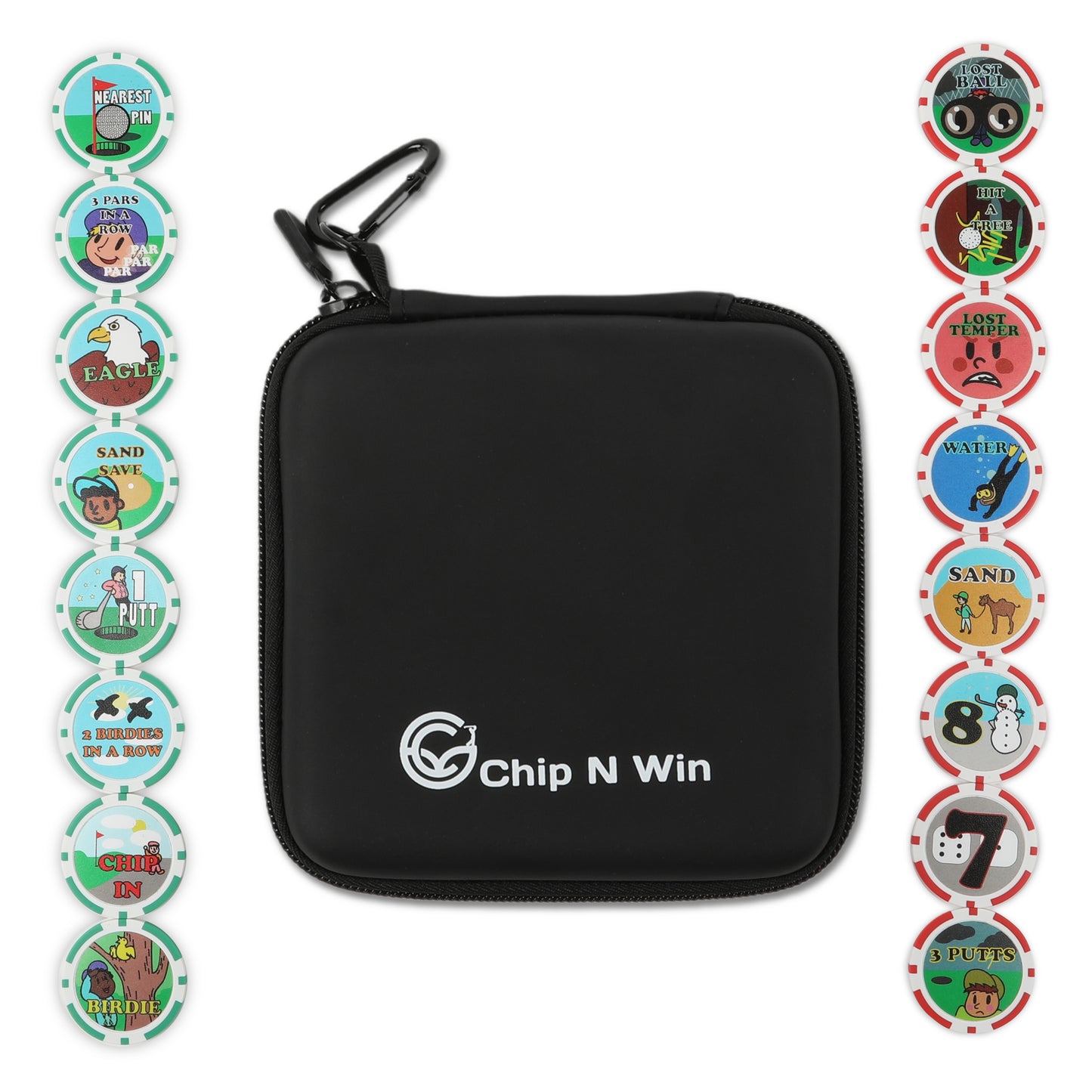 Chip N Win carry case with full set of 16 poker-style golf chips displayed on either side