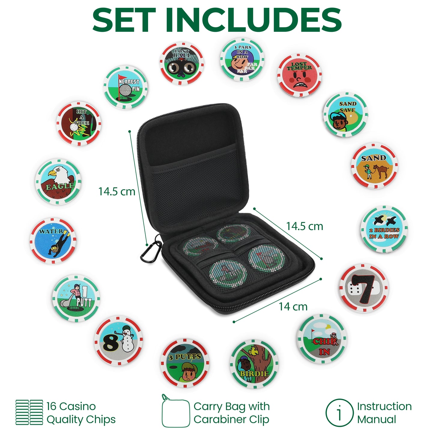 Chip n Win golf game set with 16 casino-quality chips, carry case, and instruction manual