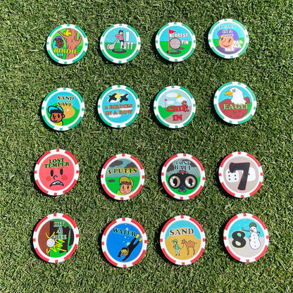 Set of 16 colourful Chip n Win chips  with various designs on a grass background