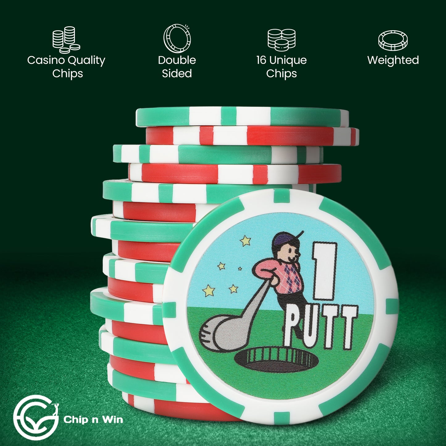 Close-up of Chip N Win’s 1 Putt poker-style chip stacked with others, showing casino-quality design