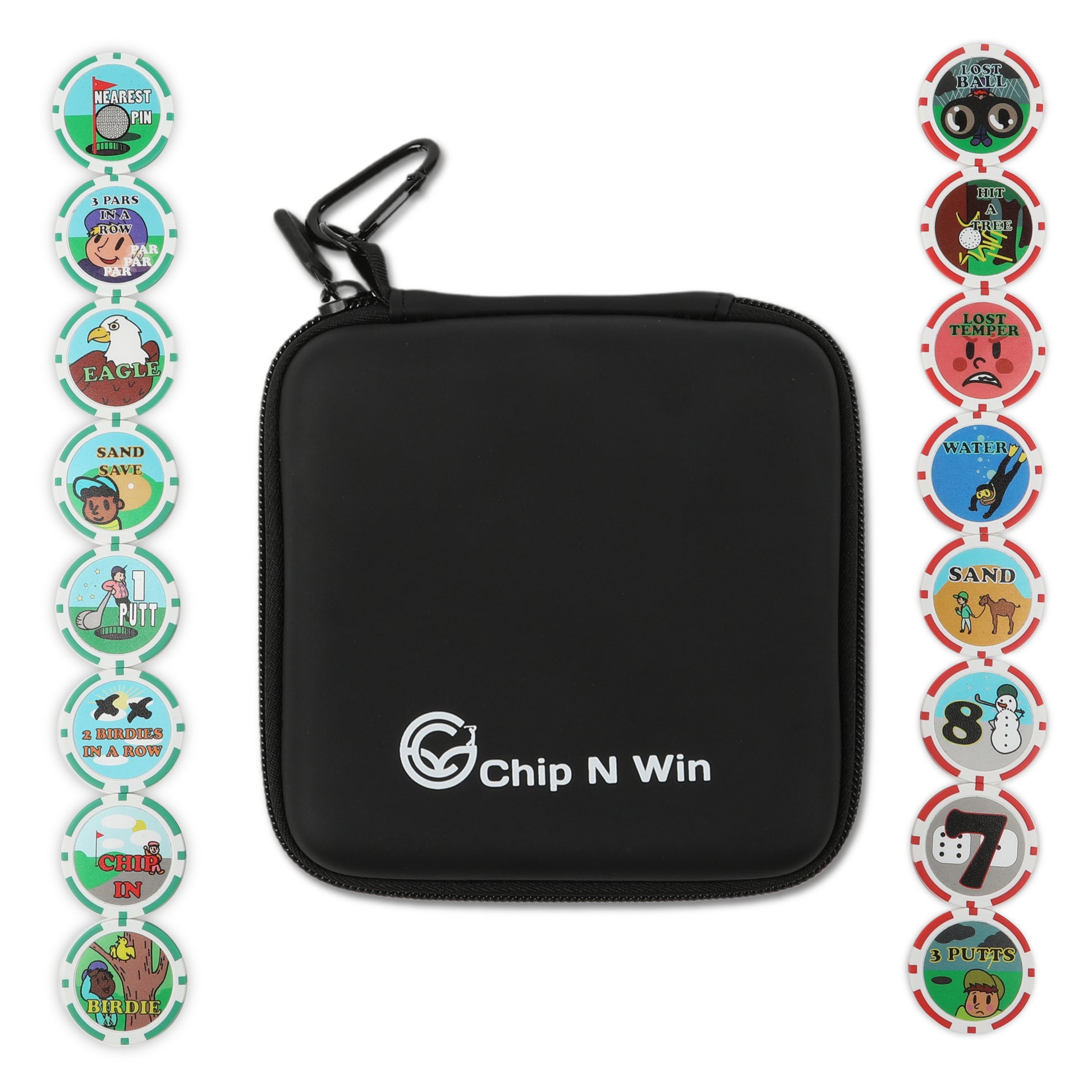 Chip N Win carry case with full set of 16 poker-style golf chips displayed on either side
