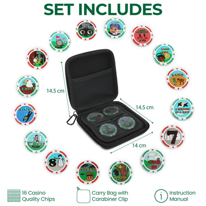 Chip n Win golf game set with 16 casino-quality chips, carry case, and instruction manual