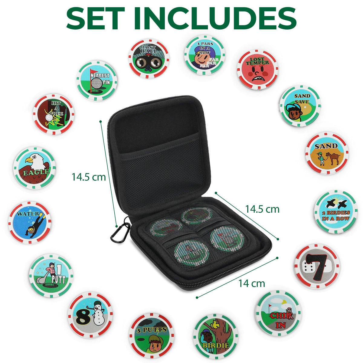Chip n Win golf game set: 16 chips, clip-on carry case and instruction card